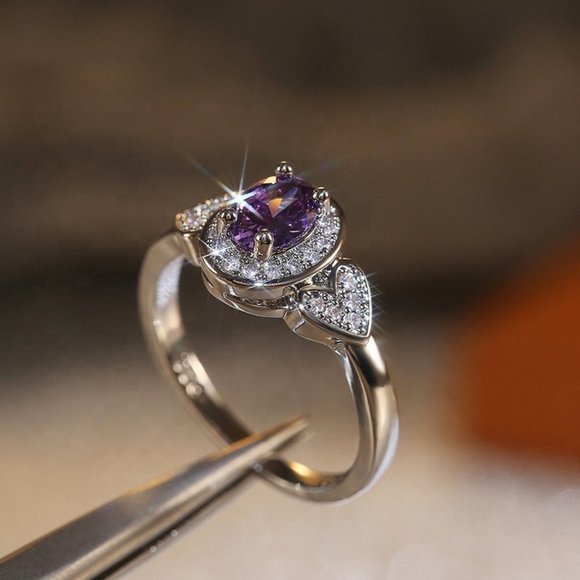 925 Silver Plated Purple Oval Cut CZ Birthstone Ring, FB16FA1135 - Picture 8 of 11